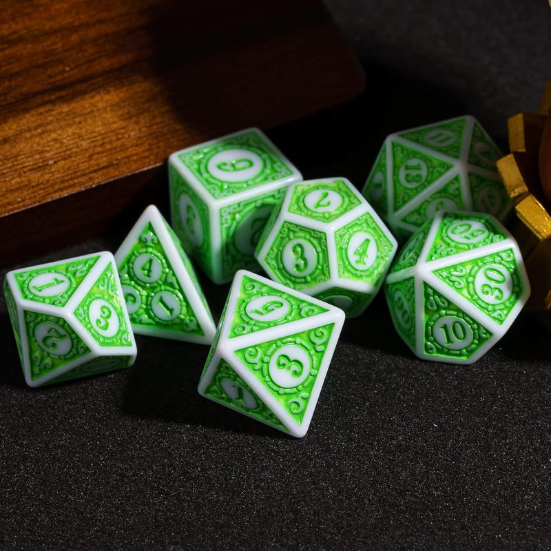 Poludie 7PCs DND Dice Set, Unique Window Lattice Pattern D&D Dice Set with Leather Die Bag, Polyhedral Die for RPG Table Games (Green/White) - Image 4